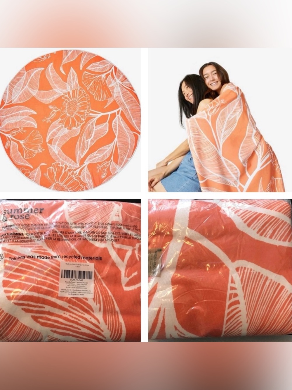 Large Roundie Orange Floral Blanket (Picnic / Beach Towel) - New In Package! - Picture 7 of 8